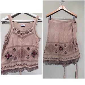 ShoreLine Boho Top-Skirt Outfit Set Beige Embroidered 2 Pc Women S Embellishing